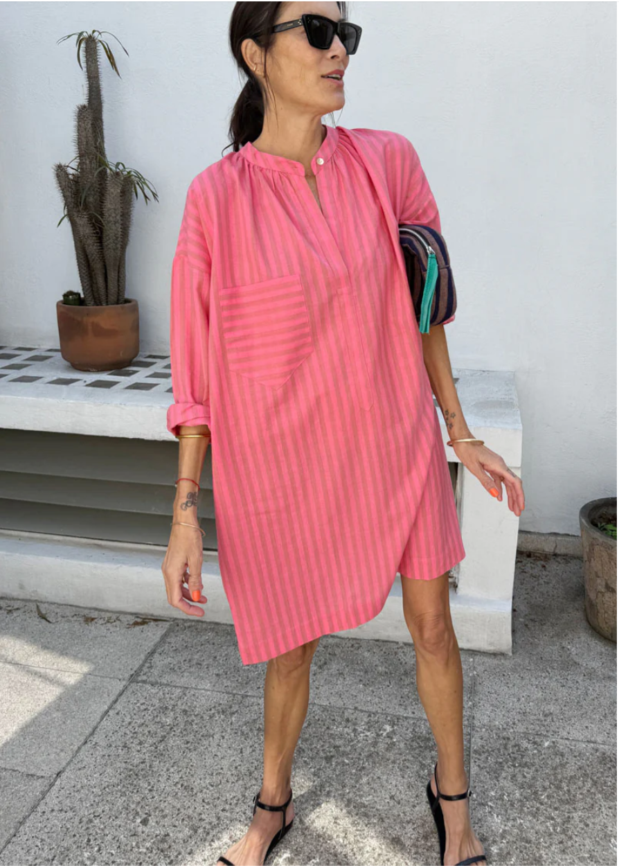 Long Sleeve One Button Tunic - Pink Stripe By Two
