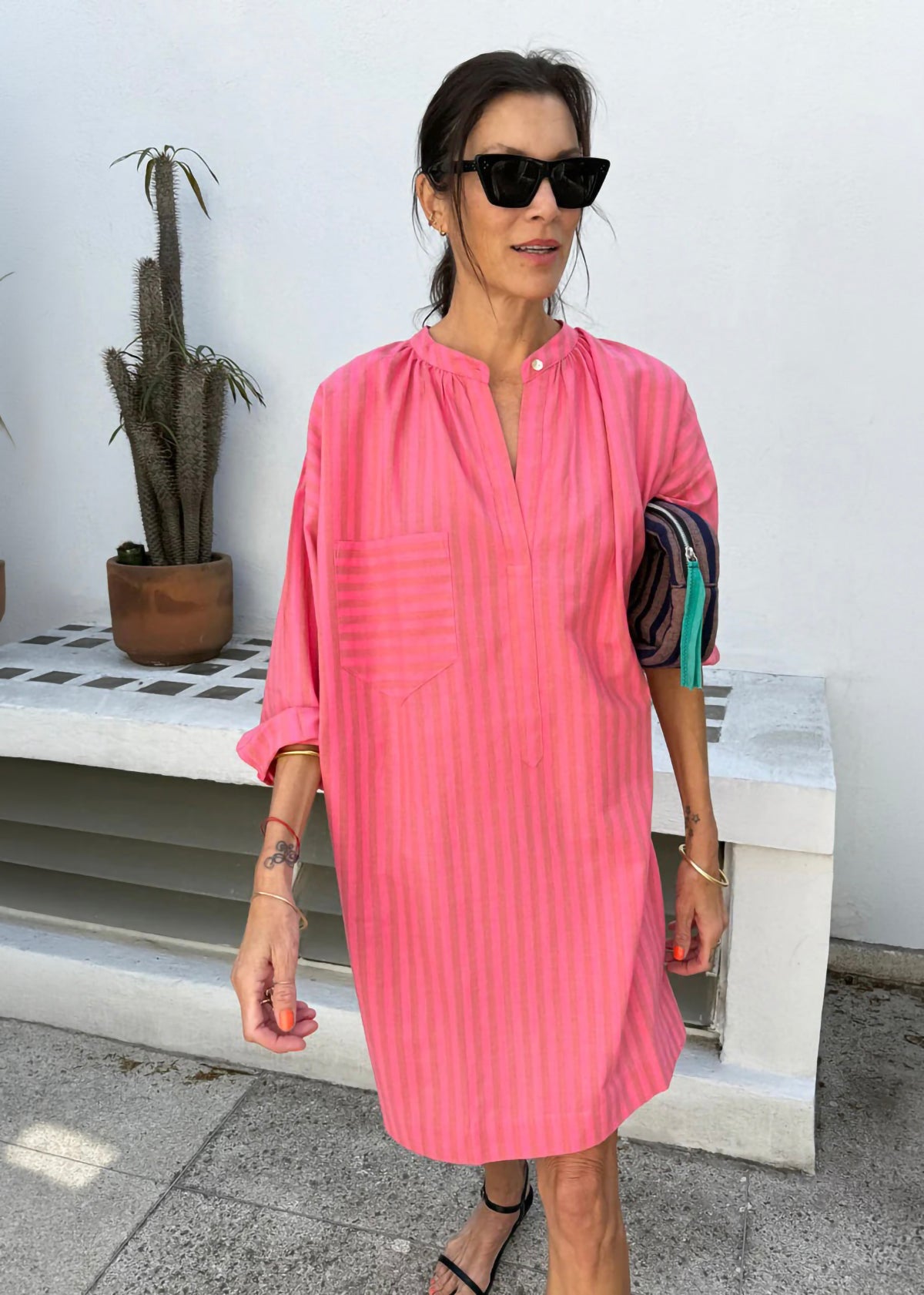 Long Sleeve One Button Tunic - Pink Stripe By Two